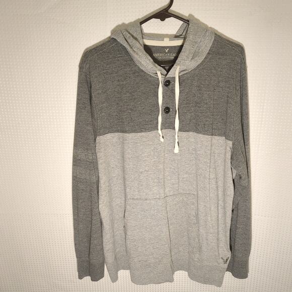 American Eagle XL Hoodie Gray Two Tone Henley Pullover Lightweight Cotton Blend - Picture 1 of 6